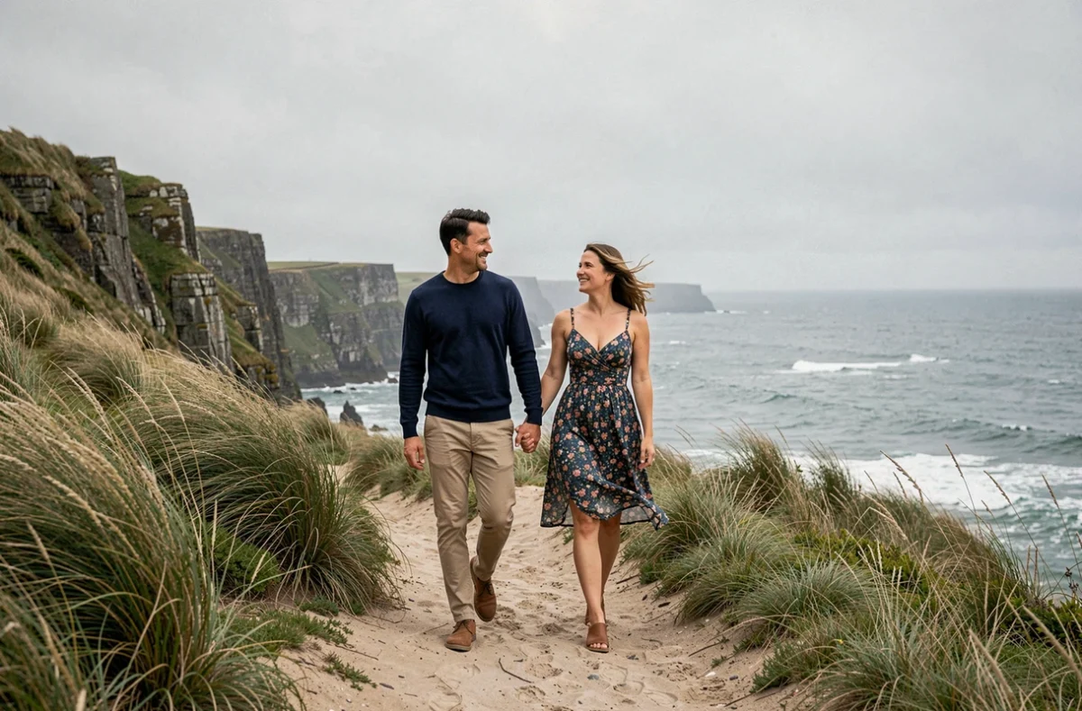 Couple se promenant main dans la main sur un sentier côtier atlantique, évoquant une romance épanouie loin de l'agitation parisienne