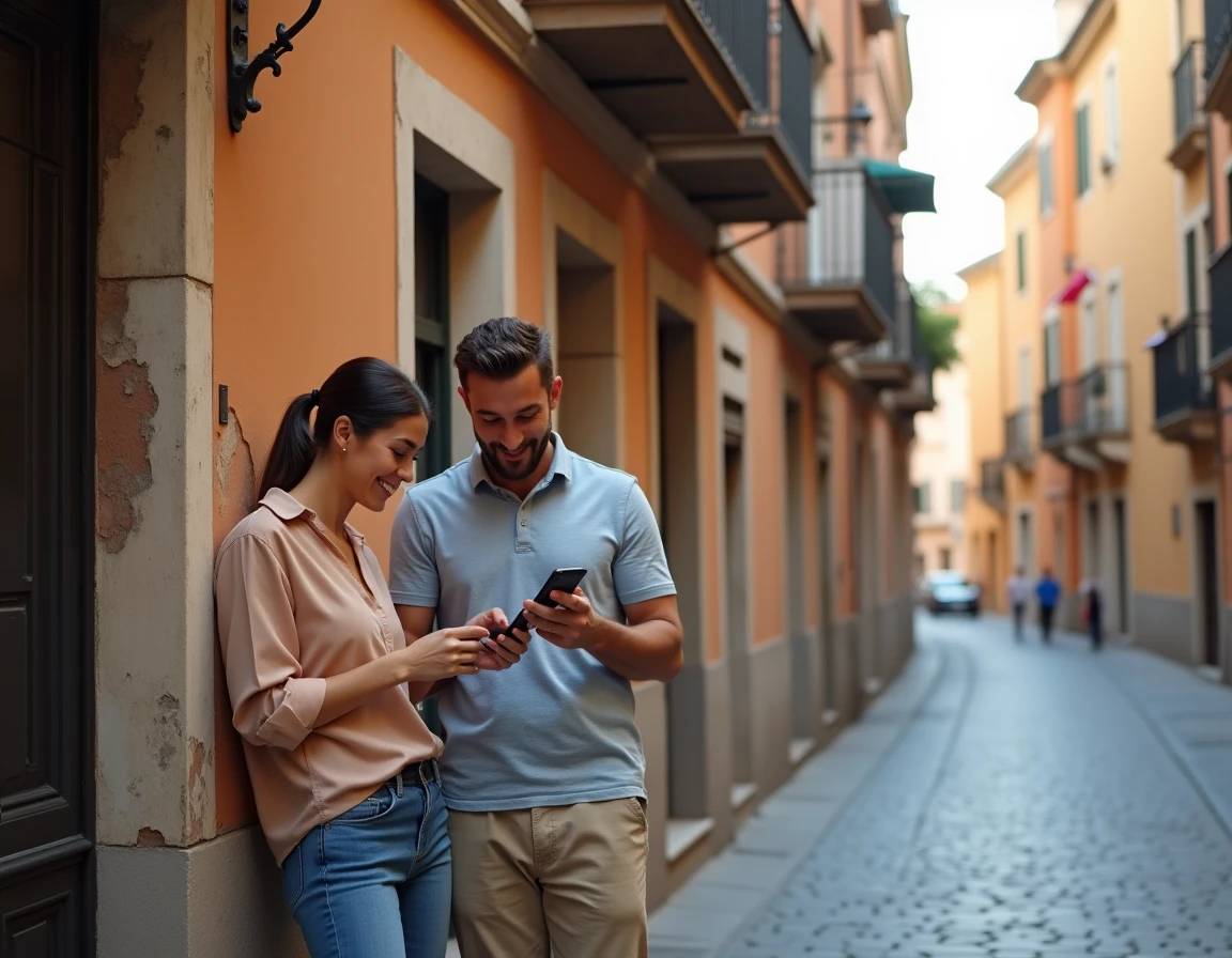 Couple consultant des annonces de location immobilière sur smartphone devant un immeuble historique à Rome en 2026