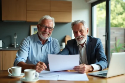 Couple mature en cuisine révisant des documents fiscaux