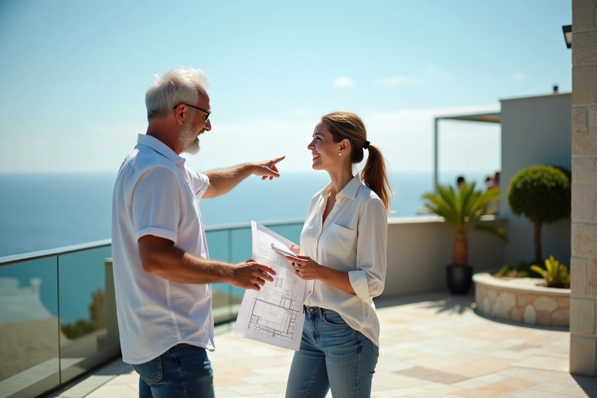 Couple relaxe sur terrasse avec vue sur la mer en discutant