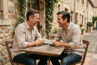 Couple détendu partageant un café en terrasse dans un village provençal, illustrant une vie amoureuse sereine loin de Paris