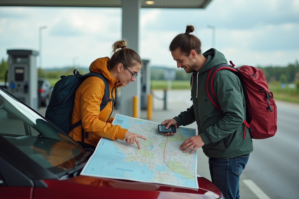 Couple de voyageurs consultant une carte routière et un GPS pour convertir miles et kilomètres