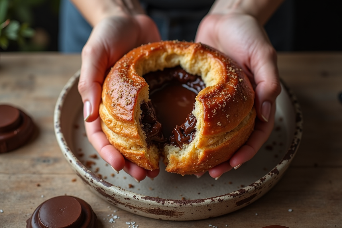 Mains ouvrant un pain au chocolat pour révéler le chocolat fondu
