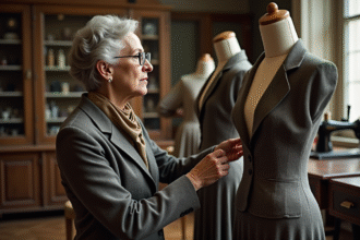 Dame française examinant une robe ancienne dans un atelier