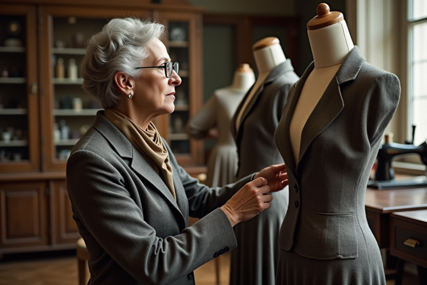 Dame française examinant une robe ancienne dans un atelier