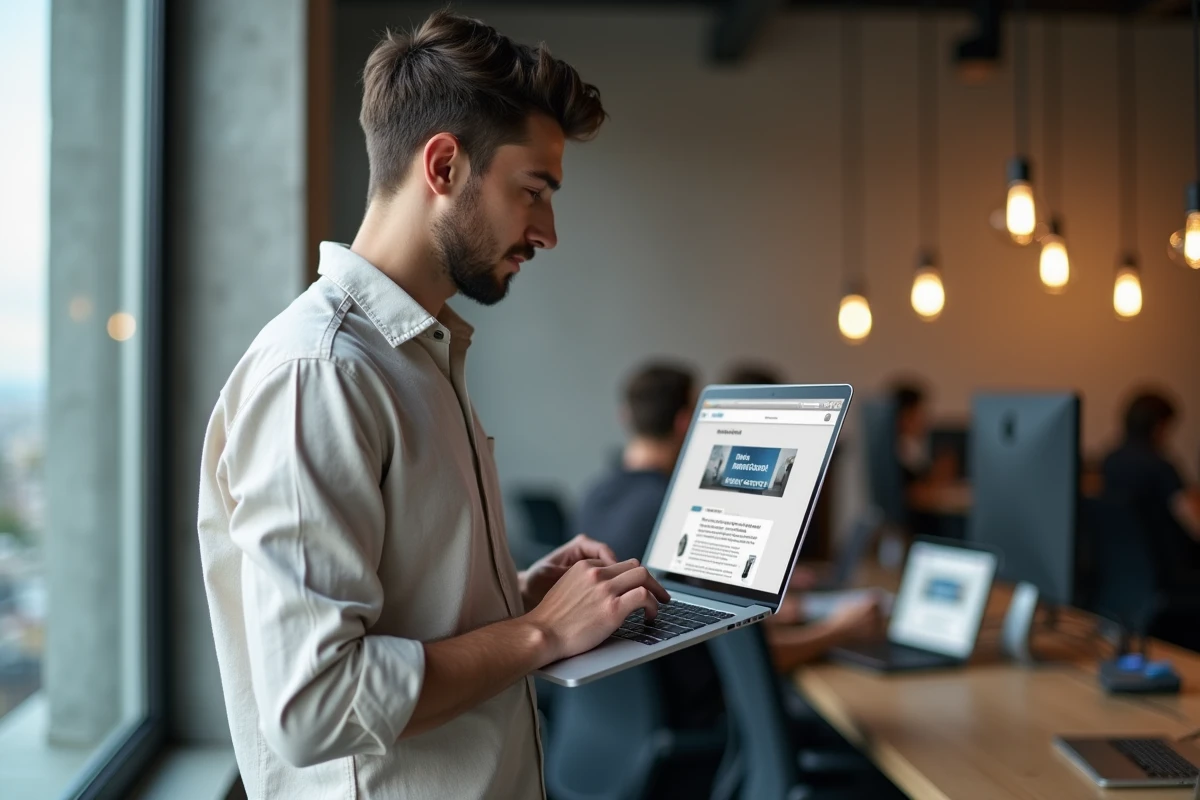Jeune homme dans un espace de coworking en France consultant des solutions pour accéder à des sites restreints