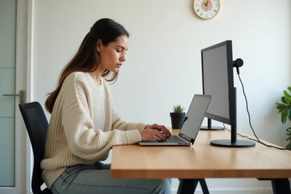 Créatrice de contenu numérique travaillant sur une plateforme MYM dans un bureau minimaliste en 2026