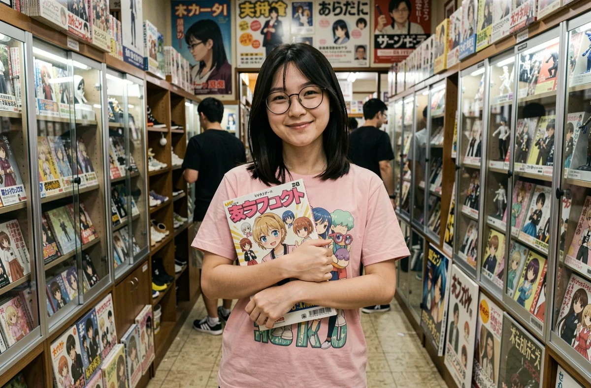 Jeune femme passionnée de culture otaku dans une boutique de manga d'Akihabara tenant un manga avec le sourire