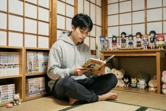 Jeune homme otaku japonais assis sur un tatami entouré de mangas et de figurines anime dans un appartement de Tokyo