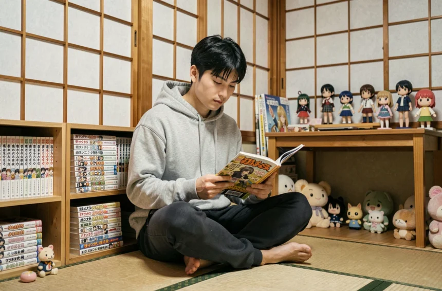 Jeune homme otaku japonais assis sur un tatami entouré de mangas et de figurines anime dans un appartement de Tokyo