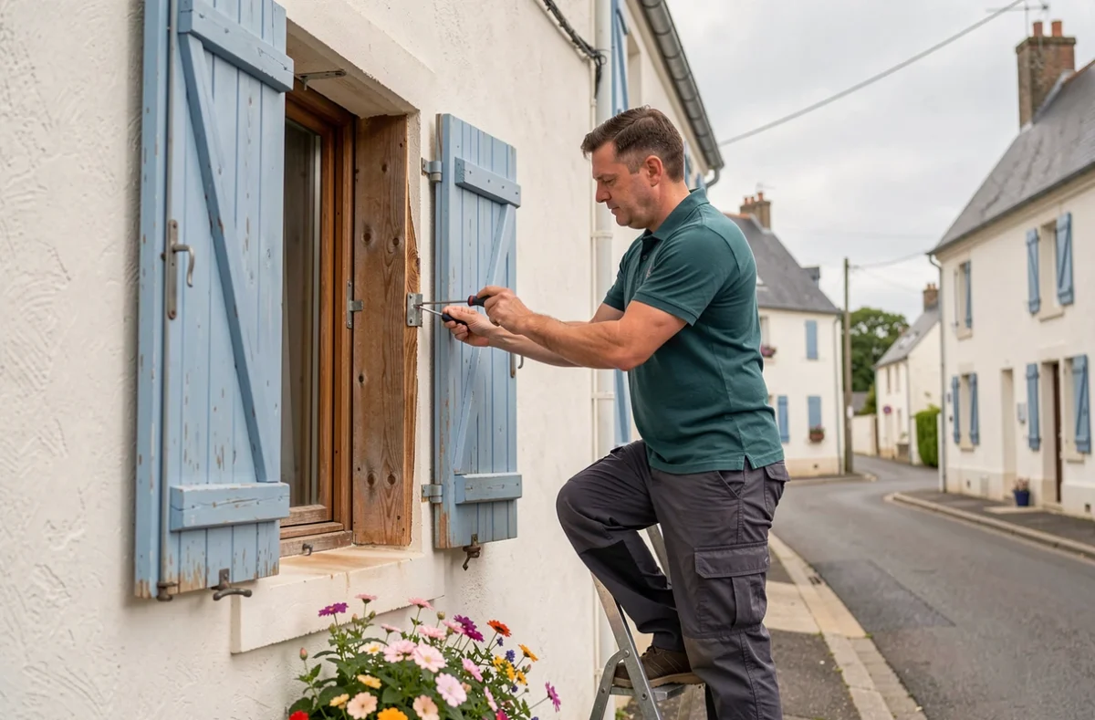 Technicien de Depan'Volets réparant un volet en bois sur une maison bretonne typique dans les Côtes-d'Armor