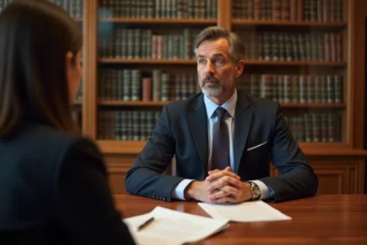 Avocat expliquant le devoir d'information précontractuelle à une cliente dans un cabinet juridique