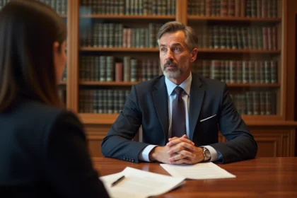 Avocat expliquant le devoir d'information précontractuelle à une cliente dans un cabinet juridique