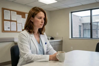 Médecin femme en blouse blanche assise seule dans une salle de pause hospitalière, regard perdu dans le vide, exprimant la désillusion et l'idéalisme éprouvé