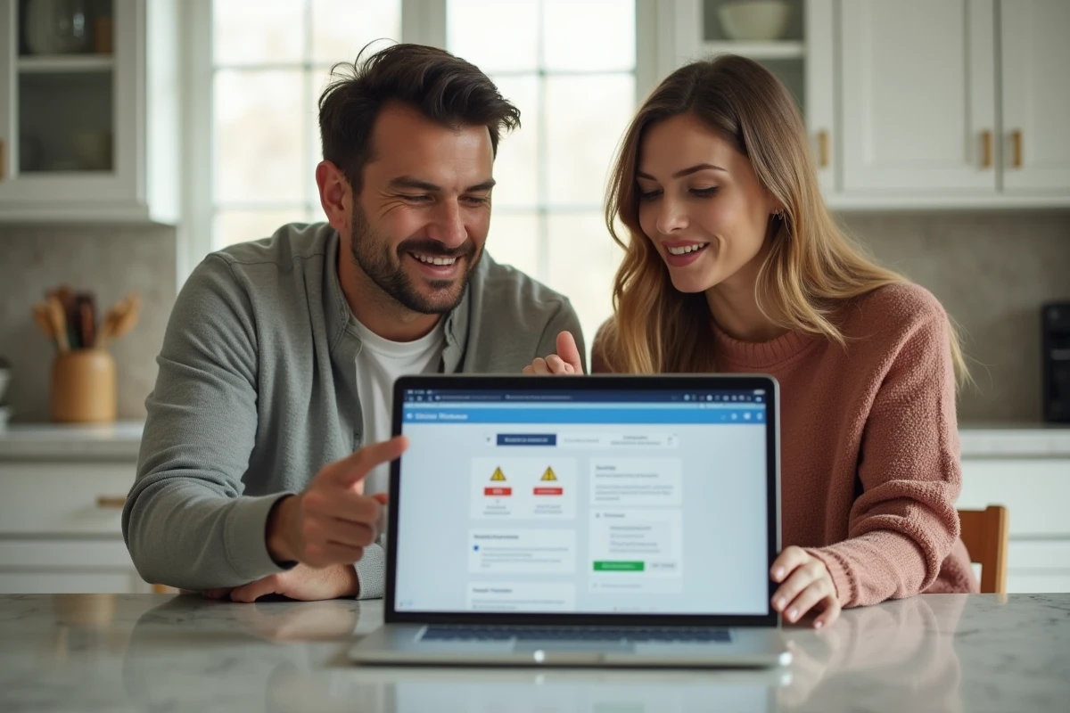 Deux adultes identifiant une arnaque en ligne liée à des faux codes de jeu Monopoly GO sur ordinateur