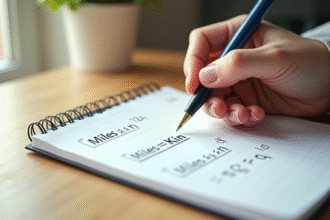 Main écrivant formules de conversion miles et km dans un carnet