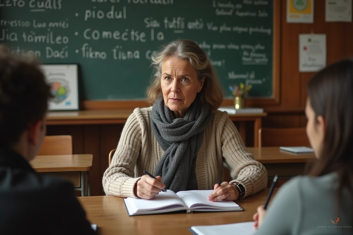 Professeur expliquant phrase dans une classe chaleureuse