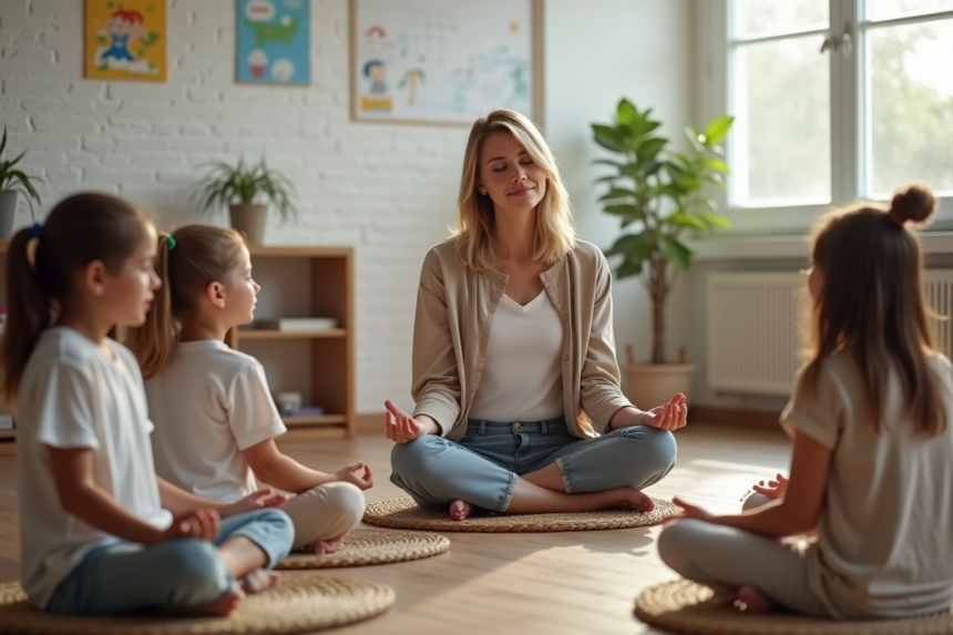 Professeure guidant des enfants en pleine conscience dans une classe lumineuse