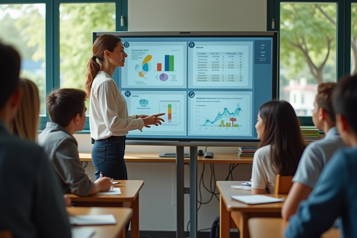 Enseignante montrant un tableau interactif à des élèves attentifs