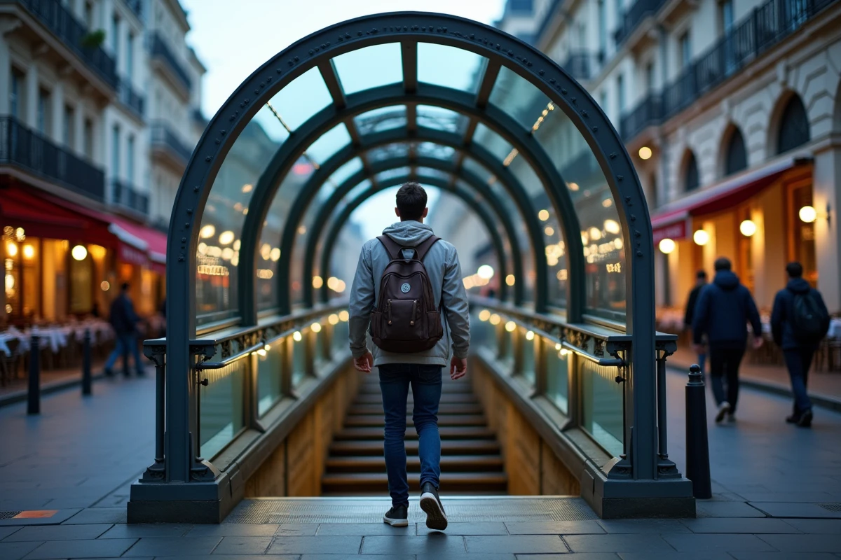 Entrée d'une station du métro ligne 14 en soirée à Paris avec un voyageur