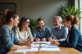 Groupe de collègues souriants en réunion de travail