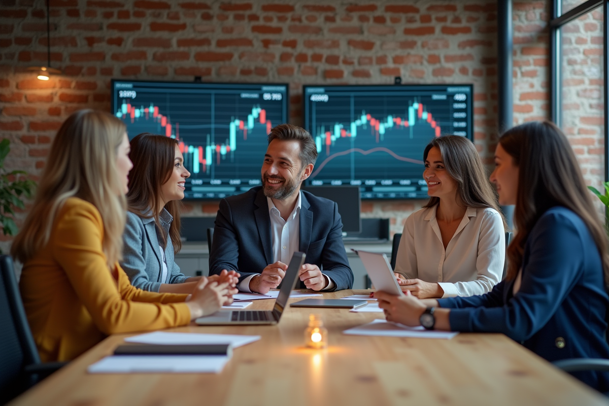 Groupe de professionnels fintech en discussion dans un espace coworking