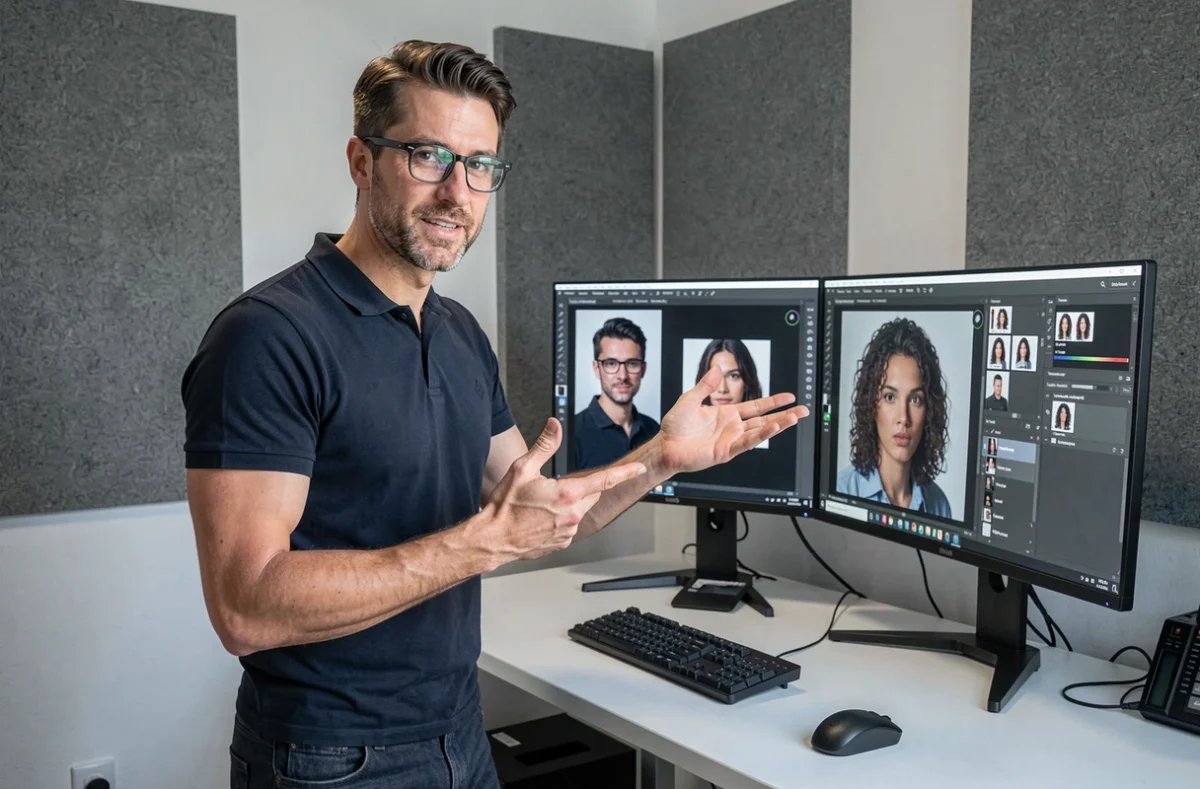 Ermess Music, photographe expert à Strasbourg, à sa station de retouche professionnelle dans son studio