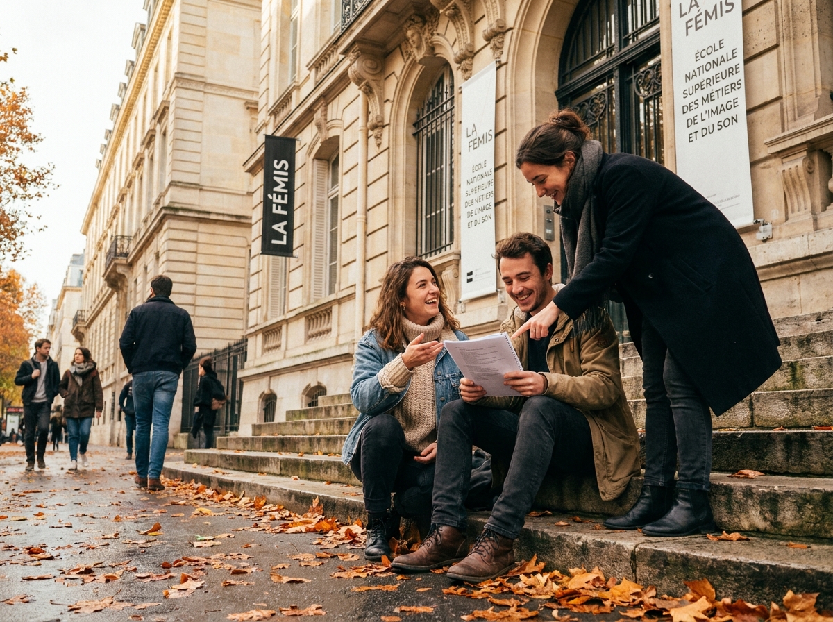 Étudiants en cinéma discutant d'un scénario devant une école de cinéma en France