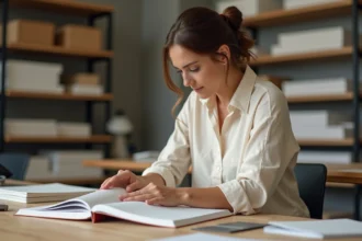 Professionnelle examinant la qualité de couverture et la reliure d'un livre broché dans un studio d'impression