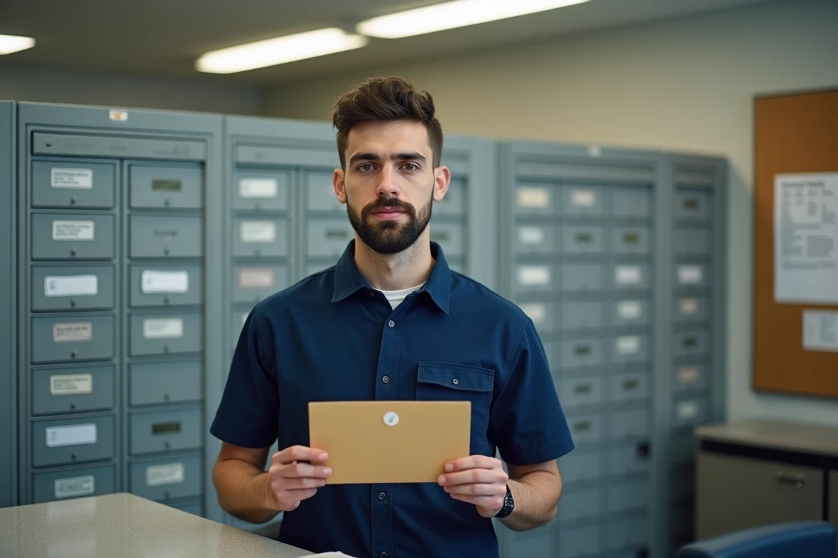Facteur en bureau de poste comparant deux adresses avec lieu-dit et boîte postale sur des enveloppes