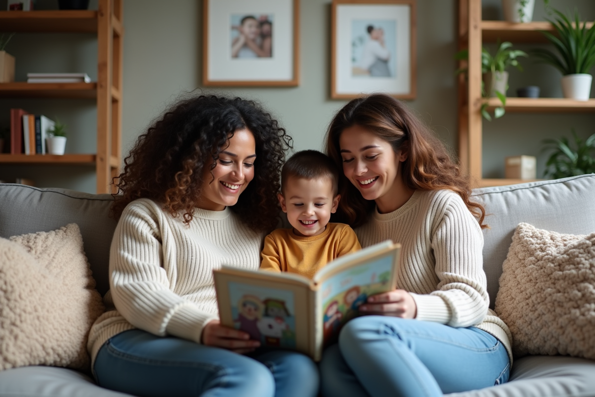 Famille à la maison partageant un livre ensemble