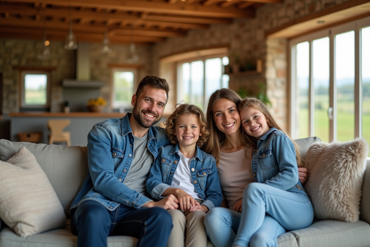 Famille détendue dans salon rustique de ferme rénovée