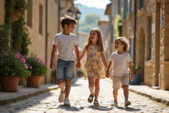 Famille avec enfants dans un village français pittoresque