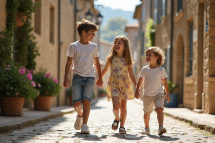 Famille avec enfants dans un village français pittoresque