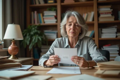 Femme examinant une adresse postale avec lieu-dit sur des courriers officiels posés sur un bureau en bois