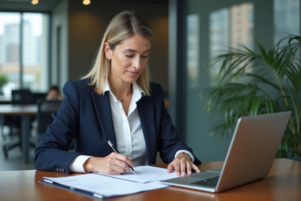Femme d'affaires concentrée dans un bureau moderne