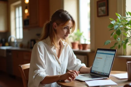 Femme parcourant un site d'annonces immobilières italienne sur un ordinateur portable dans un appartement toscan en 2026