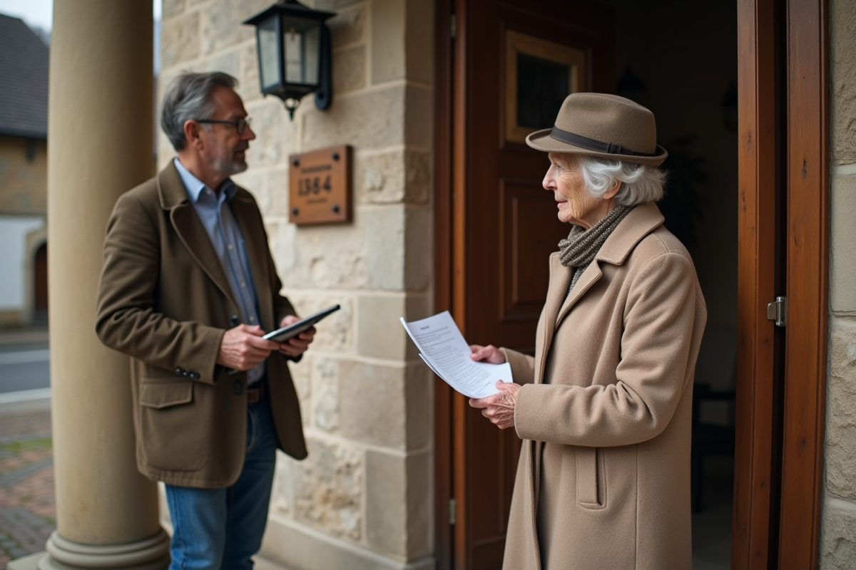 Femme âgée parlant avec un architecte devant une petite église