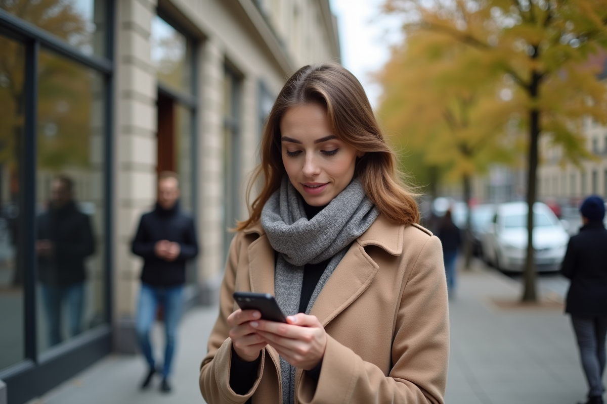 Jeune femme vérifiant son appli bancaire en extérieur