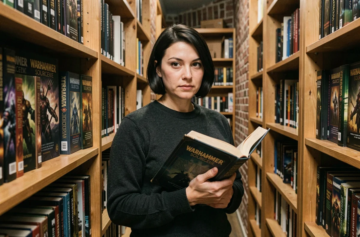 Femme tenant un livre de lore Warhammer 40K devant une bibliothèque remplie de codex et d'ouvrages de fantasy