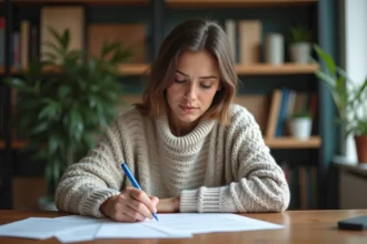 Femme concentrée travaillant sur un document dans un bureau cosy