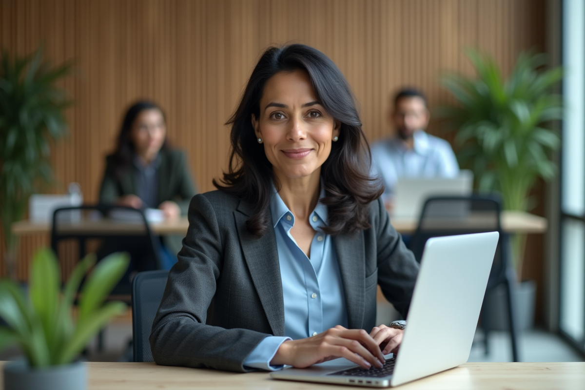 Femme sud-asiatique confiante assise à son bureau