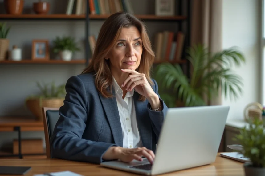 Femme d'âge moyen au bureau à domicile avec ordinateur