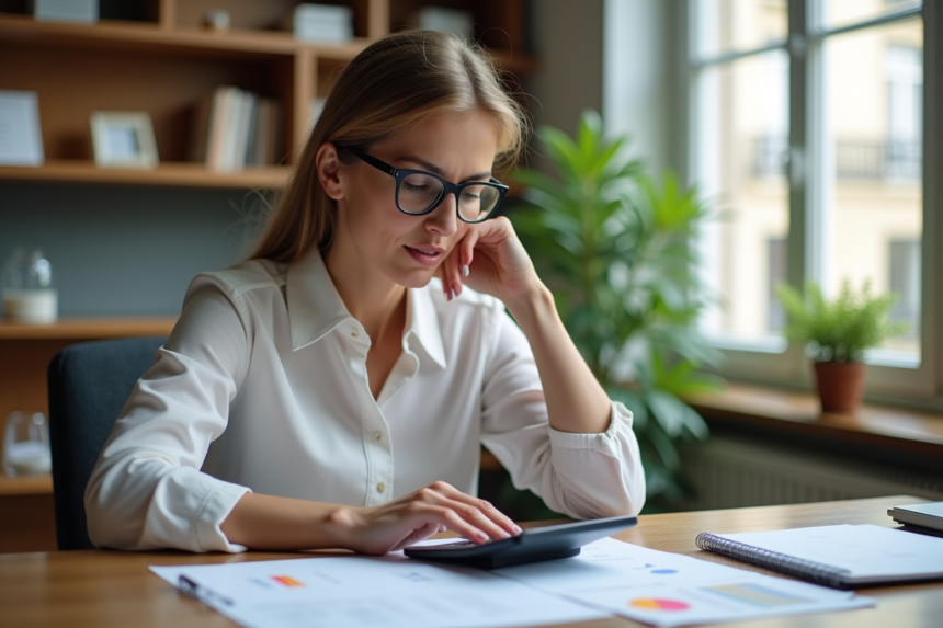 Femme professionnelle en bureau lumineux avec documents et calculatrice