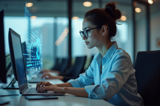 Jeune femme au bureau travaillant sur son ordinateur portable