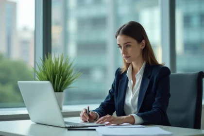 Femme en blazer navy organise des papiers au bureau