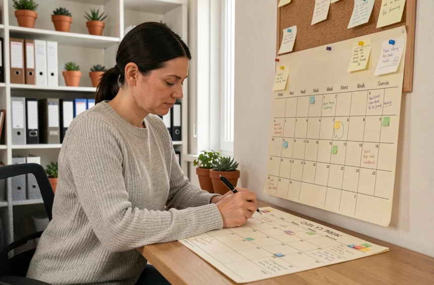 Femme annotant un calendrier semaine paire et impaire sur un bureau en bois dans un bureau à domicile