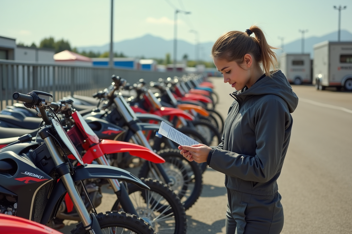Femme examinant des motos de motocross en concession