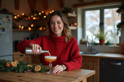 Femme souriante préparant un cocktail de Noël dans une cuisine chaleureuse