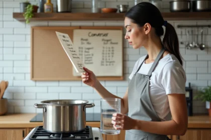 Femme en cuisine consultant un mémo de conversion mètre cube en litre affiché sur un tableau en liège